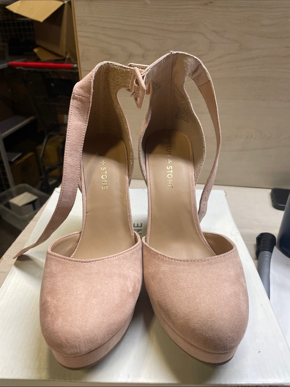 Sun + Stone Blush Pink Suede Ankle-Strap Platform Heels #654